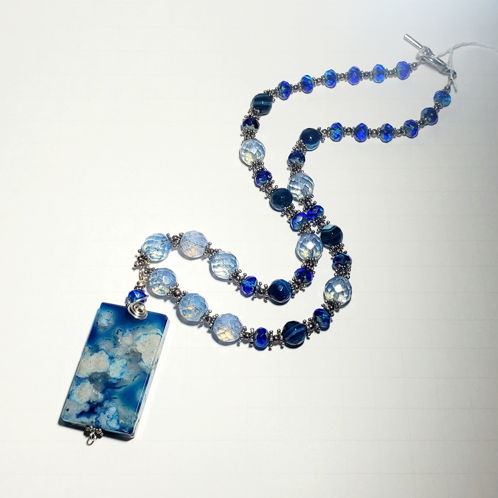 Flower Agate Pendant Necklace with Blue Czech Glass & Blue Banded Agate Beads